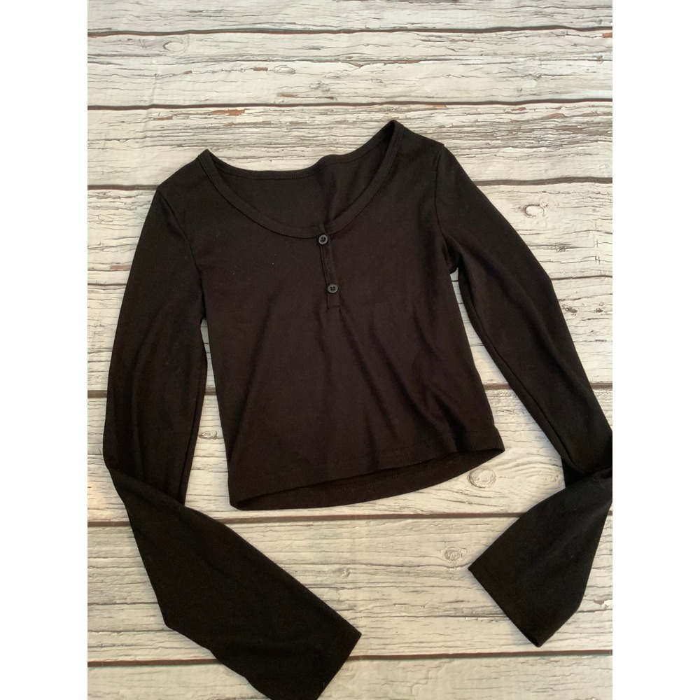 Dazy Black Ribbed‎ Long Sleeve Henley Crop Top Size XS Scoop Neck Button Front
